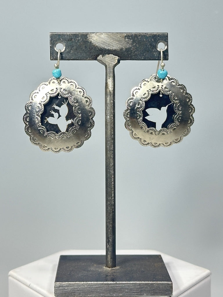 FRIDA SILVER PLATED FLATTENED HOOP EARRINGS WITH COPPER PIERCED CACTUS AND HUMMINGBIRD WITH STERLING EAR WIRES JH62