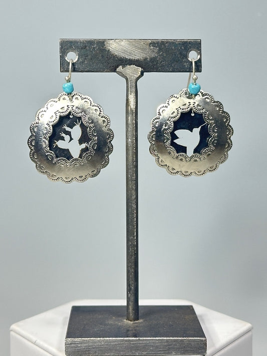 FRIDA SILVER PLATED FLATTENED HOOP EARRINGS WITH COPPER PIERCED CACTUS AND HUMMINGBIRD WITH STERLING EAR WIRES JH62