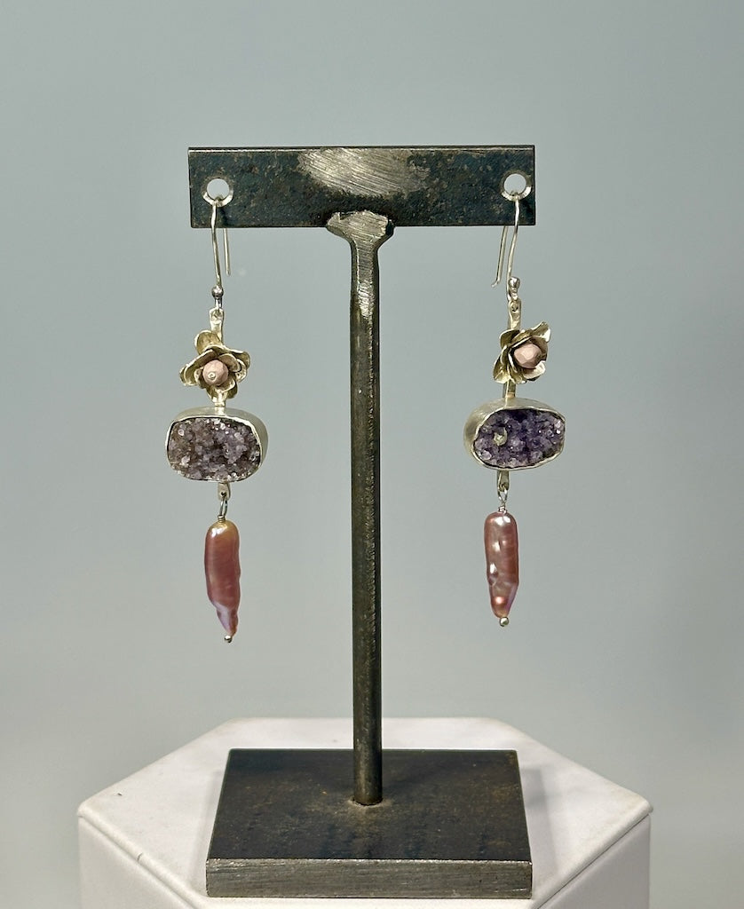 STERLING SILVER LAYERED FLOWER WITH LAVENDER FACETED MATTE FINISH BEAD, DRUZY AMETHYST CABACHON IN FINE SILVER BEZEL, DANGLING LAVENDER PEARL WITH STERLING EAR WIRES JH67