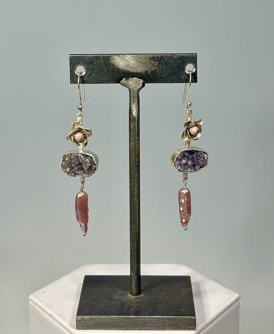 STERLING SILVER LAYERED FLOWER WITH LAVENDER FACETED MATTE FINISH BEAD, DRUZY AMETHYST CABACHON IN FINE SILVER BEZEL, DANGLING LAVENDER PEARL WITH STERLING EAR WIRES JH67