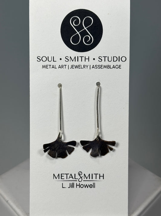 RESILIENCE SMALL BRASS GINKGO LEAF DANGLE EARRINGS ON STERLING EAR WIRES JH86