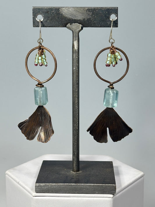 RESILIENCE LARGE COPPER GINKGO LEAF EARRINGS WITH RECTANGLE TURQUOISE BEAD AND TURQUOISE SEED BEADS JH97