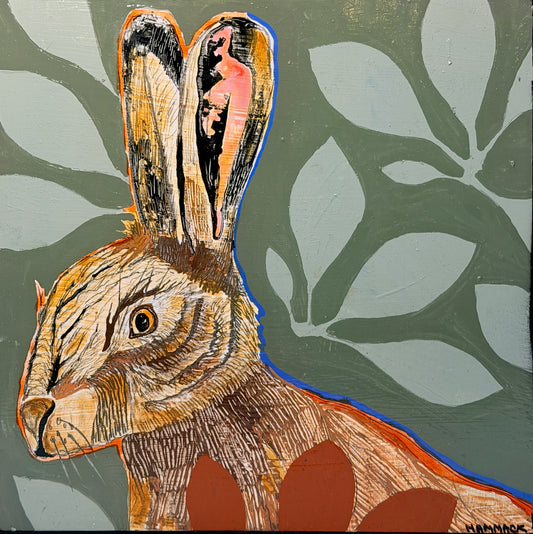 "HARE & MOUNTAIN LAUREL" ORIGINAL MIXED MEDIA PAINTING ON BOARD/FRAMED