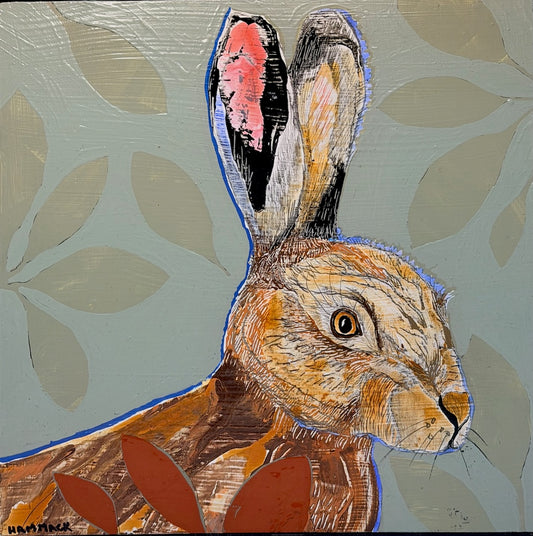 "HARE & RHODODENDRON" ORIGINAL MIXED MEDIA PAINTING ON BOARD/FRAMED
