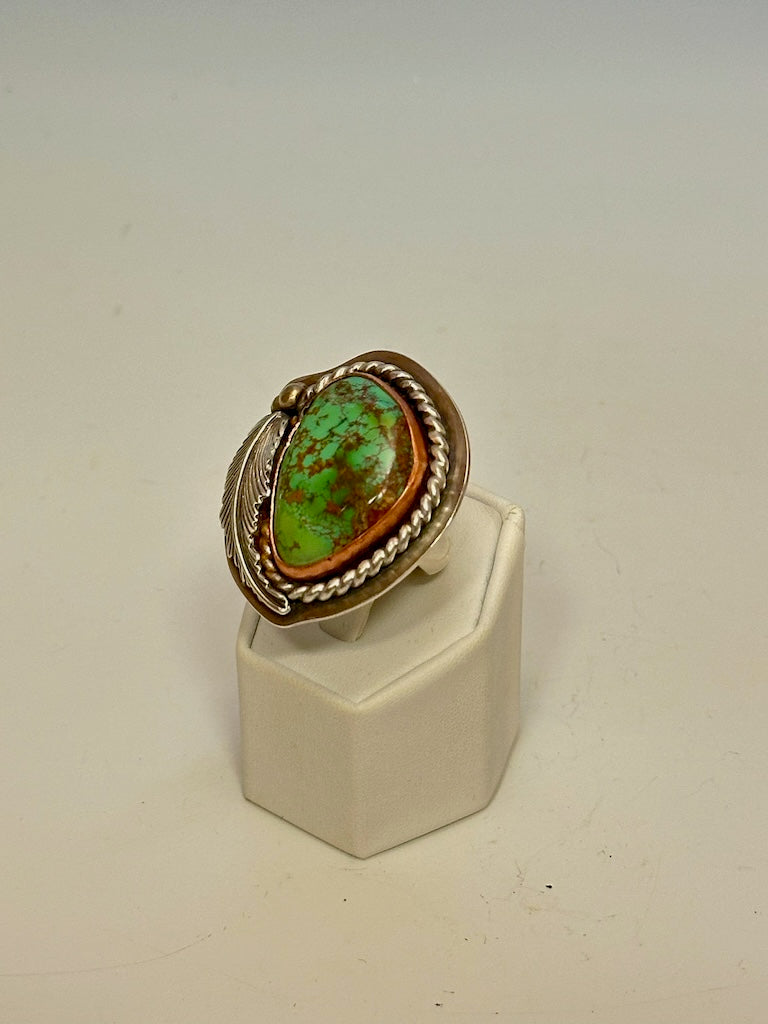 BAMBOO MOUNTAIN TURQUOISE COPPER AND STERLING SILVER RING JK114