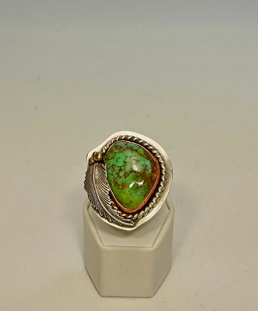 BAMBOO MOUNTAIN TURQUOISE COPPER AND STERLING SILVER RING JK114