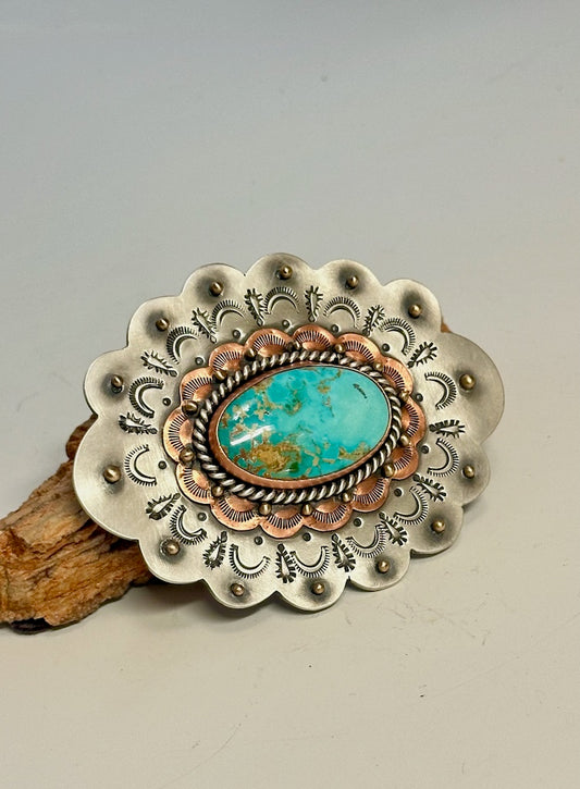 MONTEZUMA ROYSTON TURQUOISE STERLING SILVER AND COPPER BELT BUCKLE JK125