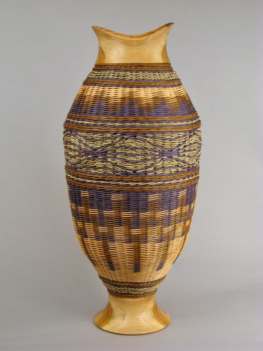 “Blue Illusion with Poplar Wood” Mixed Media Basket with Hand Turned Wood Base and Lip