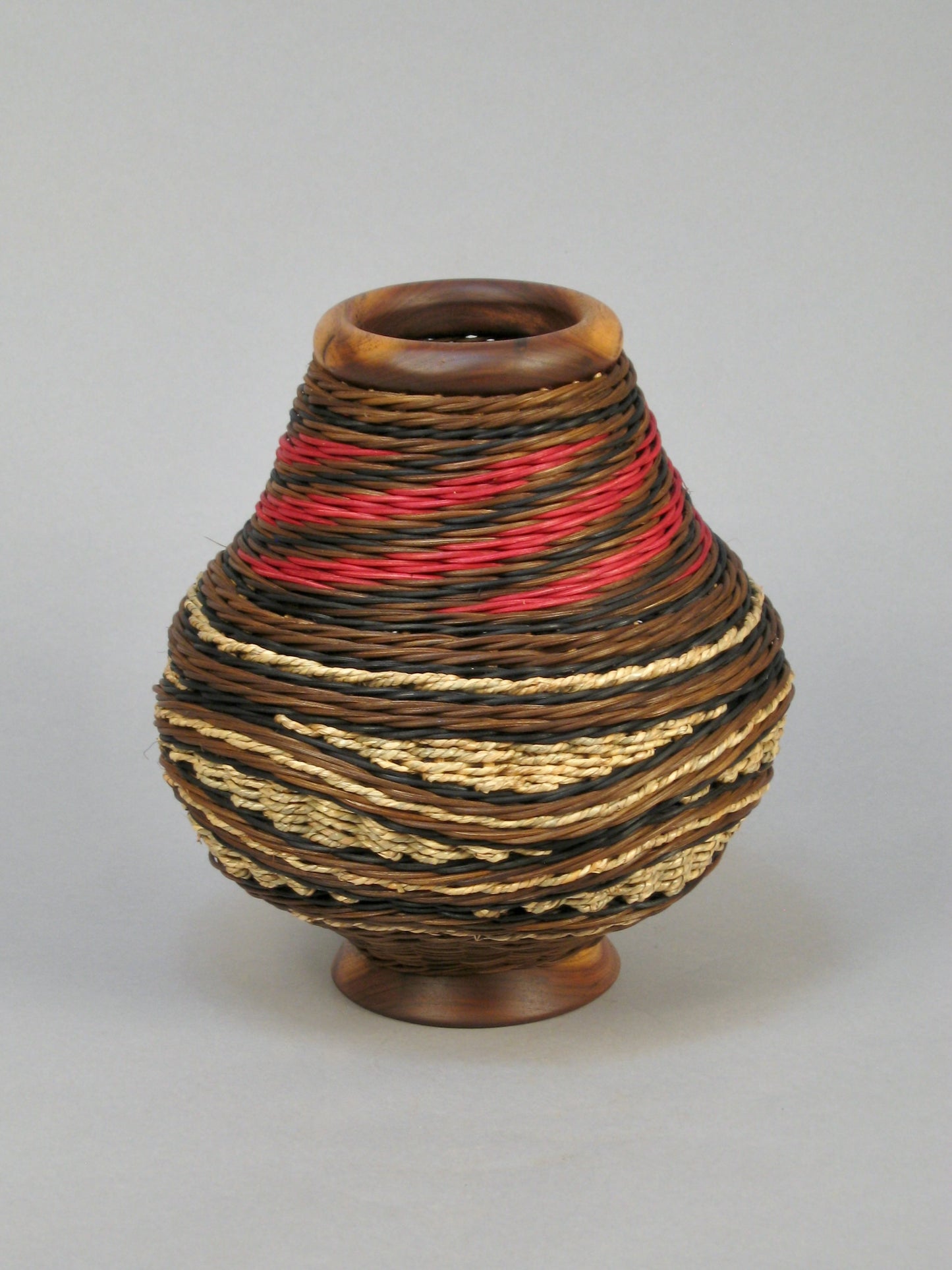 BURGUNDY HAT MIXED MEDIA BASKET WITH WALNUT TOP AND BASE