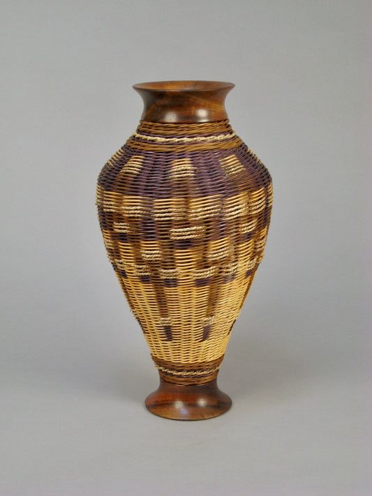 NAVY ILLUSION MIXED MEDIA BASKET WITH WALNUT TOP AND BASE