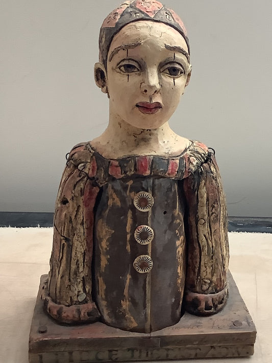"THE MELANCHOLY HARLEQUIN" CERAMIC MIXED MEDIA SCULPTURE