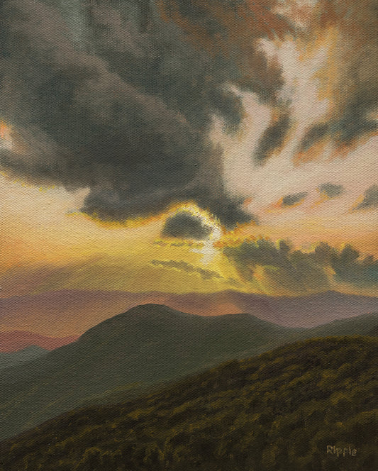 SUNBEAMS AND CLOUDS AT SUNSET NEAR GRASSY RIDGE OVERLOOK" Original Framed Oil Painting