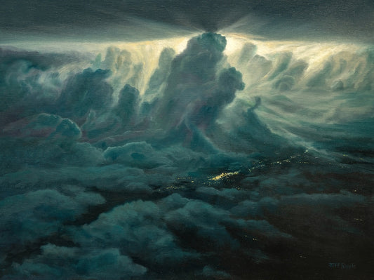 "THUNDERSTORM FROM A PLANE WINDOW AT NIGHT" Original Framed Oil on Linen Board