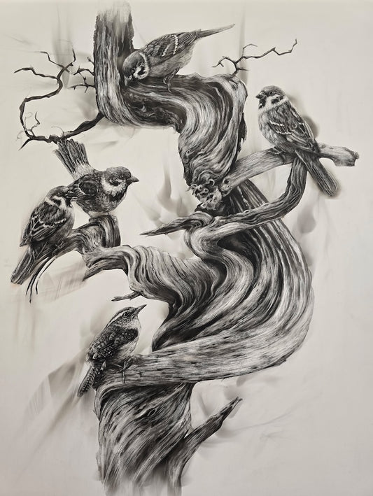 "CAROLINA WREN AMONG THE SPARROWS" ORIGINAL FUMAGE DRAWING ON CLAY BOARD/FRAMED