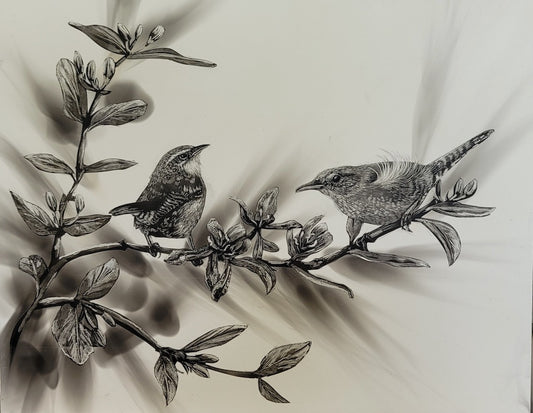 "CAROLINA WRENS ON HONEYSUCKLE" Original Fumage Drawing on Clay Board/Framed