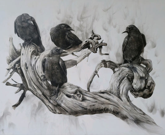 "CROW TALK" Original Fumage Drawing on Birch Panel/Framed