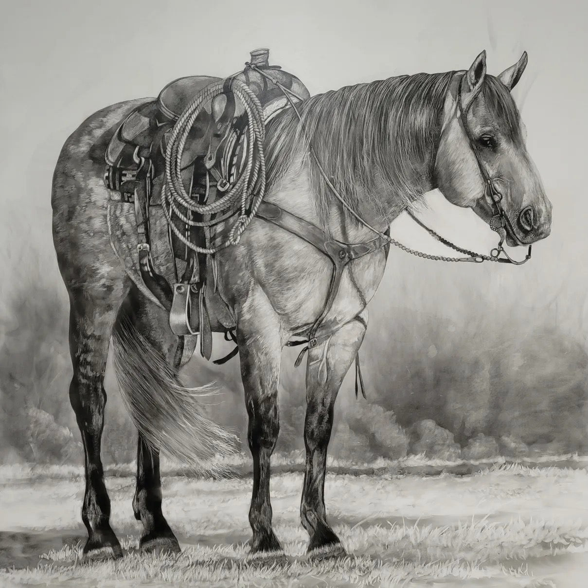 "Dapple Grey Roper's Horse" Original Fumage Drawing on Clay Board