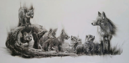 "FOX TALES" Original Fumage Drawing on Birch Panel/Framed