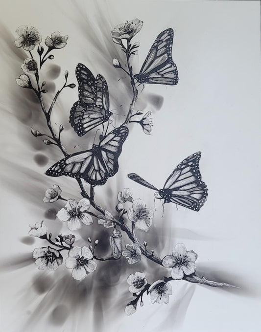 "MONARCHS ON A CHERRY BLOSSOM" Original Fumage Drawing on Clay Board/Framed