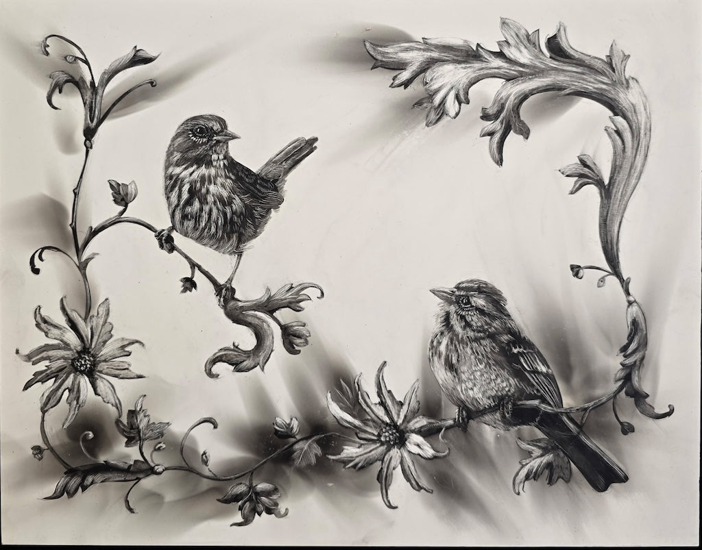 "SONG SPARROWS" Original Fumage Drawing on Clay Board/Framed