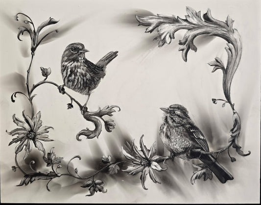 "SONG SPARROWS" Original Fumage Drawing on Clay Board/Framed