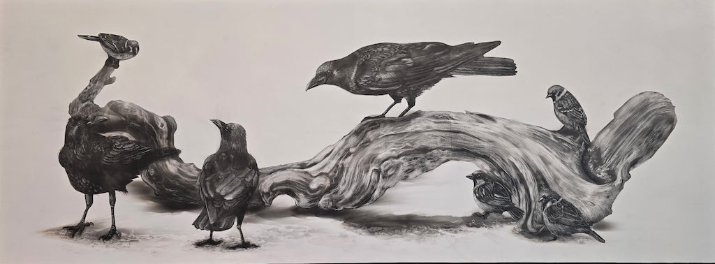 "THE CROWS KNEW FIRST" ORIGINAL FUMAGE DRAWING ON CLAY BOARD/FRAMED
