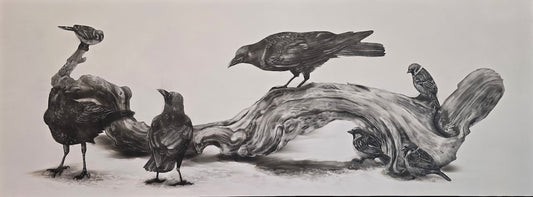 "THE CROWS KNEW FIRST" ORIGINAL FUMAGE DRAWING ON CLAY BOARD/FRAMED