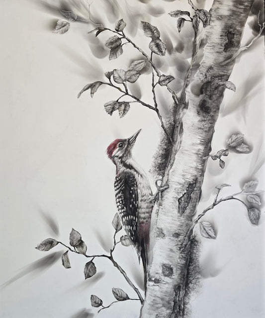 "THE QUIET DRUMMER OF BIRCH HOLLOW" ORIGINAL FUMAGE DRAWING ON CLAY BOARD/FRAMED