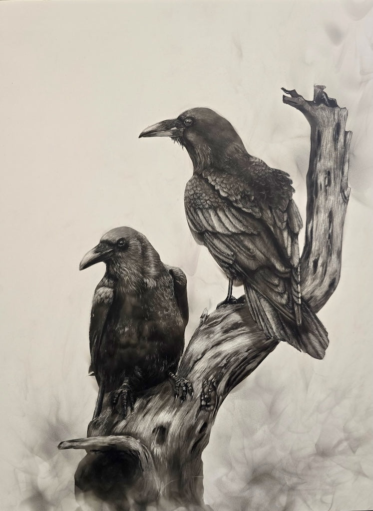 "THE RAVENS" Original Fumage Drawing on Clay Board/Framed