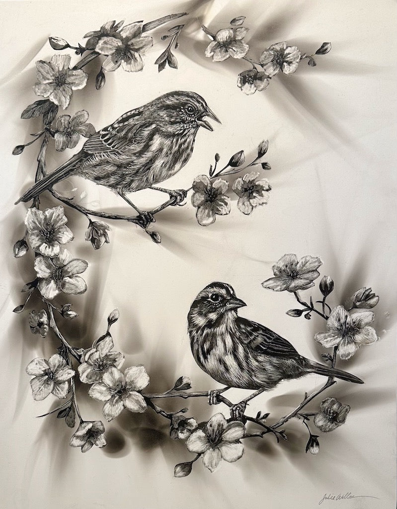 "THE SONG SPARROWS" Original Fumage Drawing on Clay Board/Framed