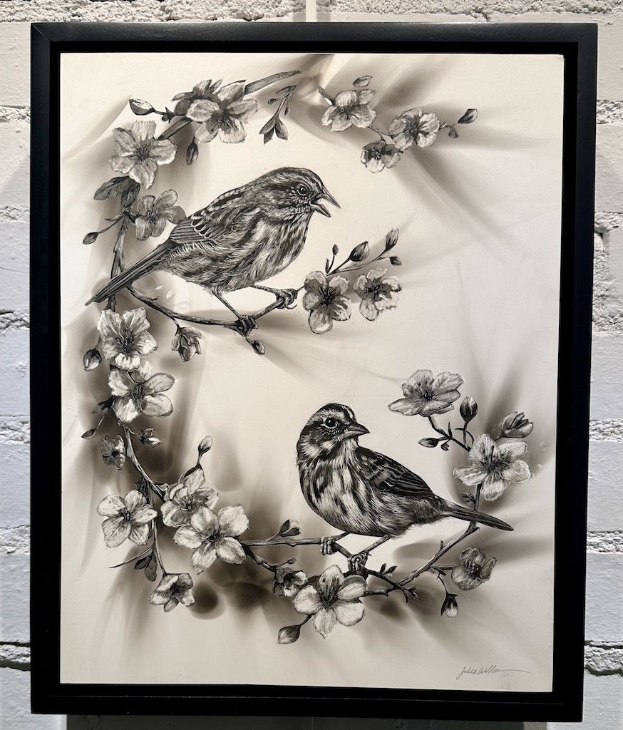 "THE SONG SPARROWS" Original Fumage Drawing on Clay Board/Framed