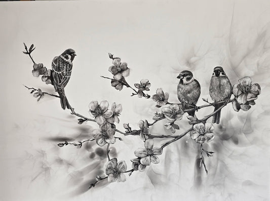 "THE SPARROWS ON CHERRY BLOSSOM" Original Fumage Drawing on Clay Board/Framed