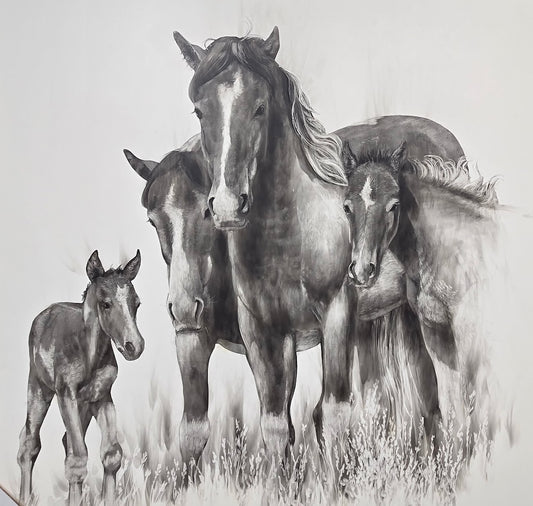 "THE WATCHFUL HERD" ORIGINAL FUMAGE DRAWING ON CLAY BOARD/FRAMED