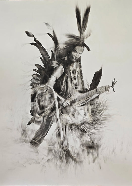 "WHISPERS OF THE ANCESTORS" ORIGINAL FUMAGE DRAWING ON CLAY BOARD/FRAMED