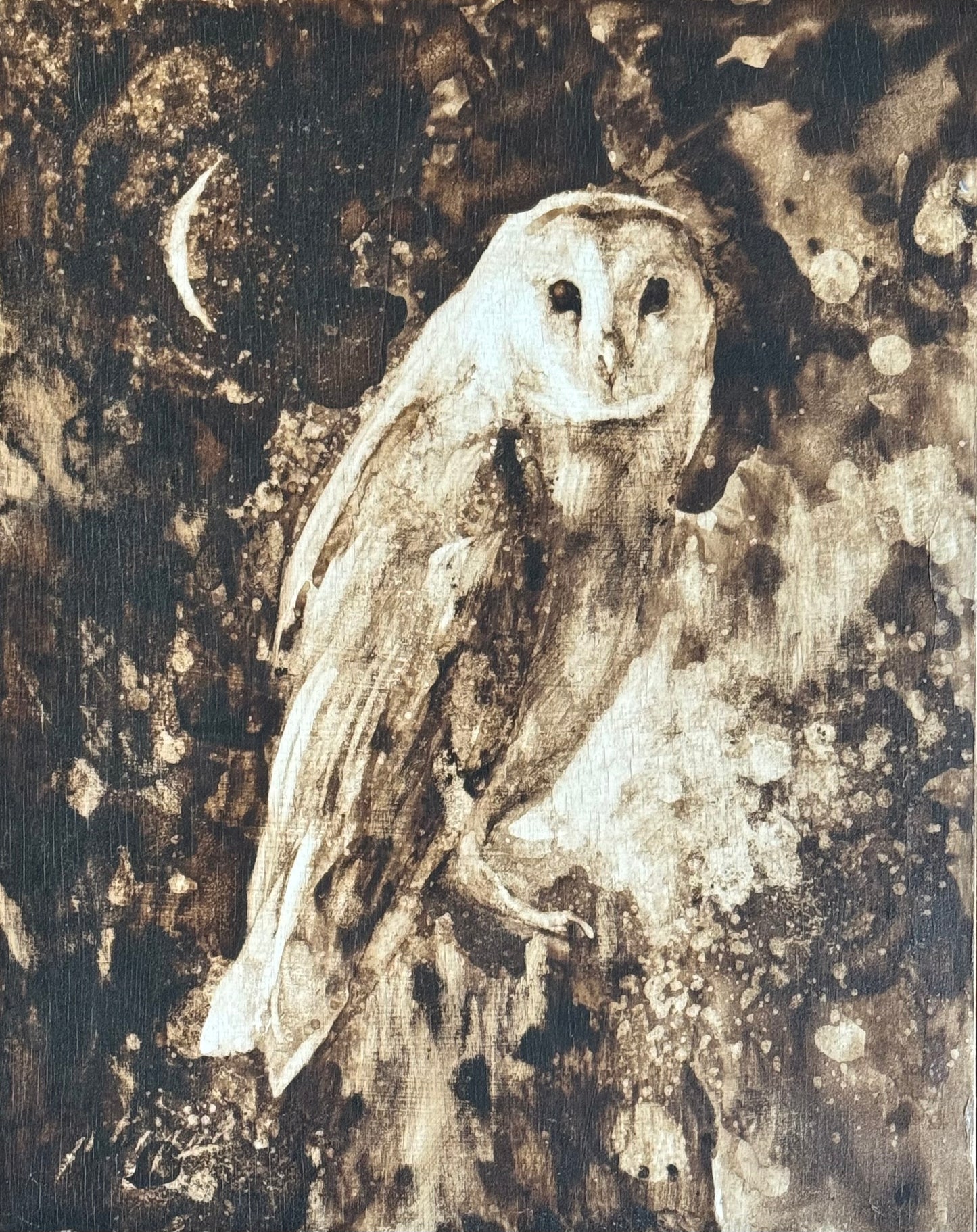 "BARN OWL" ORIGINAL WALNUT INK PAINTING ON BOARD