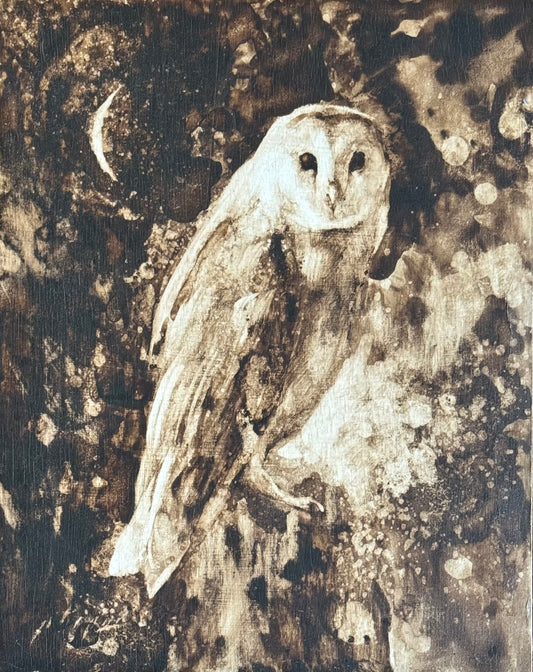 "BARN OWL" ORIGINAL WALNUT INK PAINTING ON BOARD