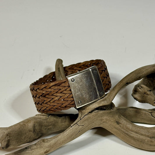 BROWN/SILVER BRAIDED LEATHER MAGNETIC CUFF LCB1000