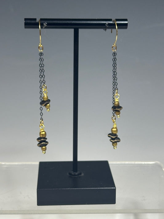 GOLD FILLED STERLING SILER AND OXIDIZED SS CHAIN WITH BRASS DANGLE EARRINGS LCE1008
