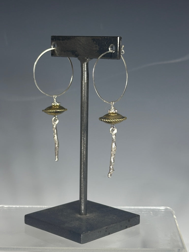 STERLING SILVER HOOP WITH BRASS DISC DROP EARRINGS LCE1018