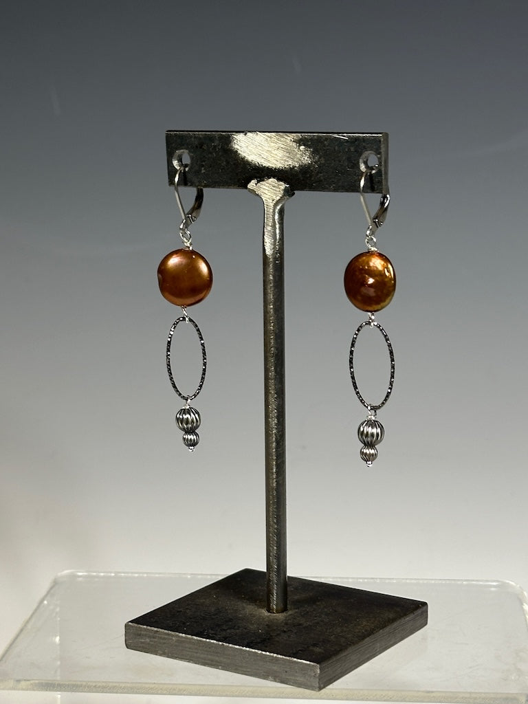 COPPER FRESHWATER PEARL DROP EARRINGS WITH OXIDIZED STERLING SILVER AND STAINLESS STEEL WIRES LCE1028
