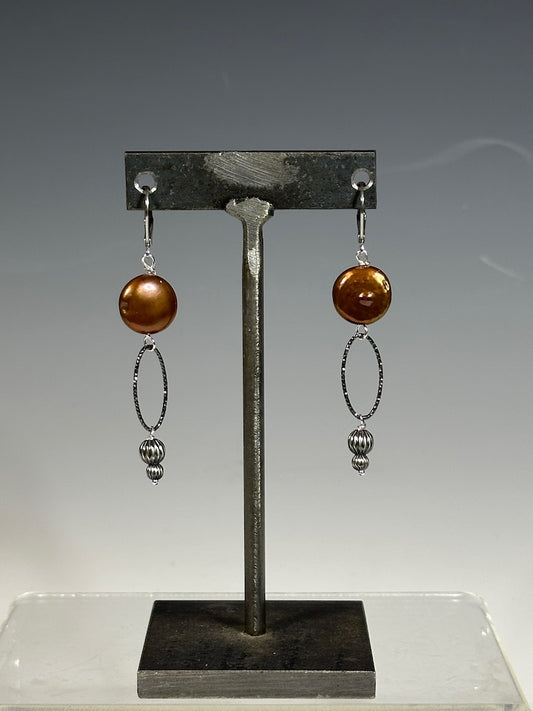 COPPER FRESHWATER PEARL DROP EARRINGS WITH OXIDIZED STERLING SILVER AND STAINLESS STEEL WIRES LCE1028
