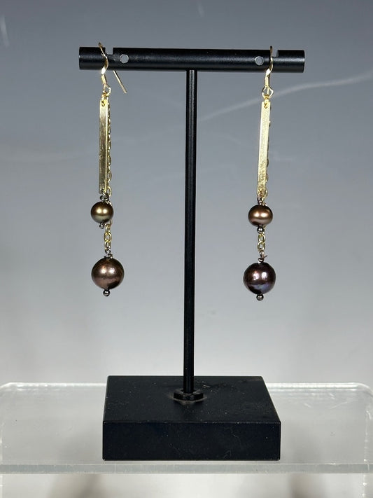 GOLD FILLED STERLING SILVER DROP EARRINGS WITH 2 PURPLE FRESHWATER PEARLS LCE1050