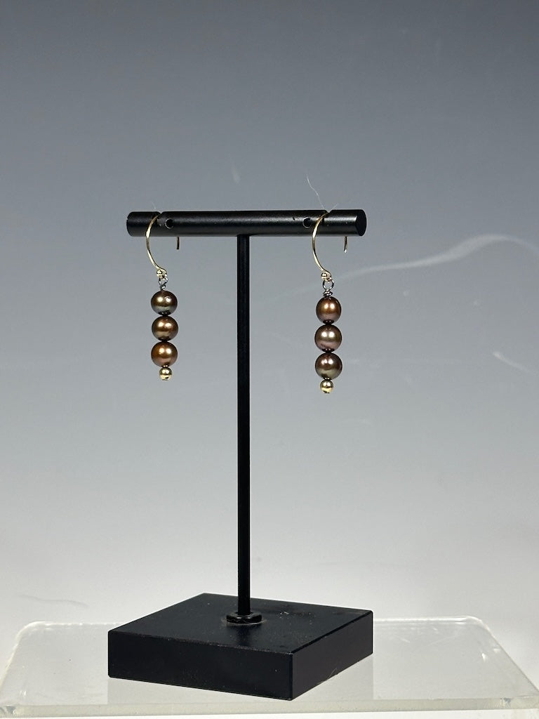 TRIPLE FRESHWATER PEARL AND GOLD FILLED STERLING SILVER EARRINGS LCE1055