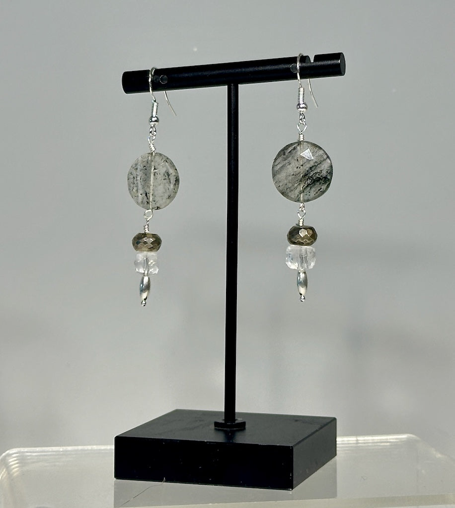 BLACK RUTILATED QUARTZ, PYRITE AND STERLING SILVER EARRINGS LCE1073