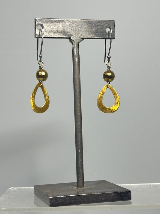 TORCHED BRASS AND GOLD PYRITE DROP EARRINGS LCE2002