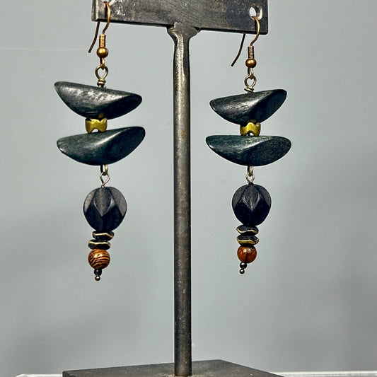 BLACK WOOD AND BRASS DROP EARRINGS LCE2007