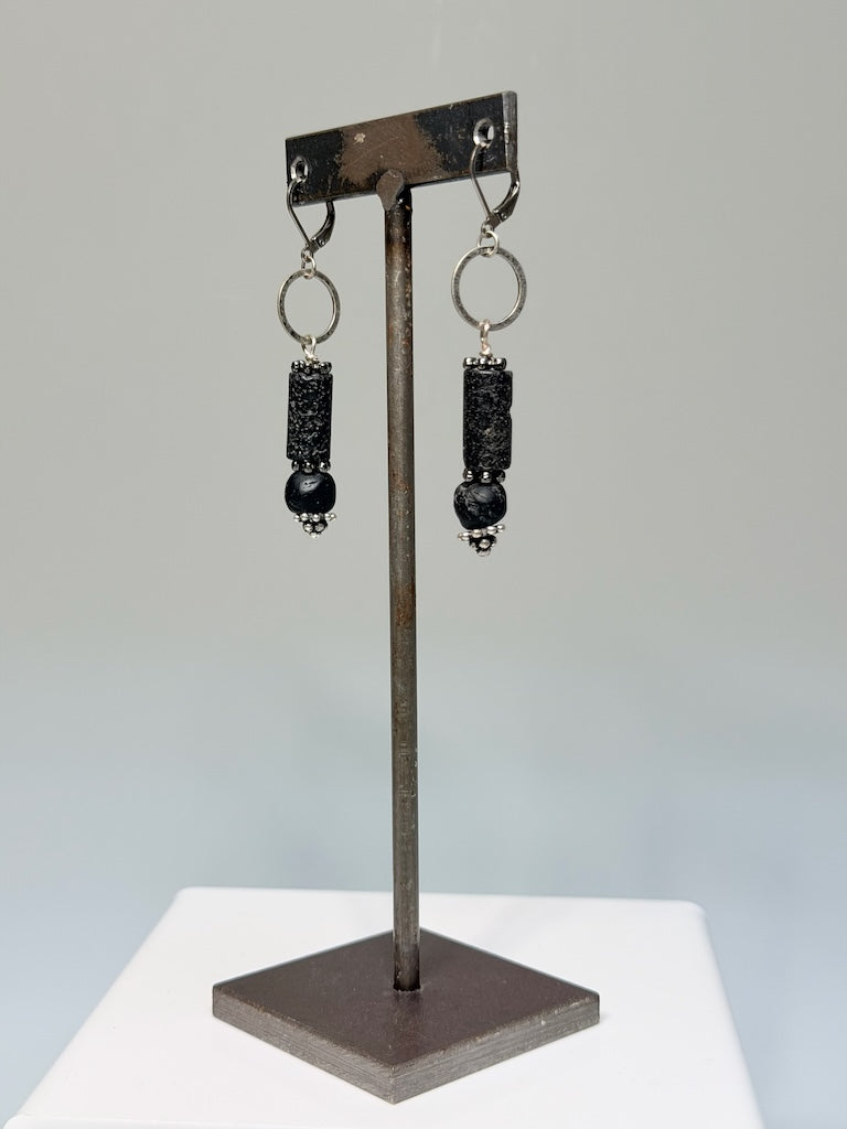 BLACK LAVA AND SILVER DROP EARRINGS LCE3018