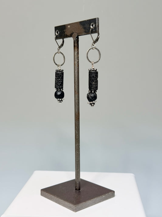 BLACK LAVA AND SILVER DROP EARRINGS LCE3018