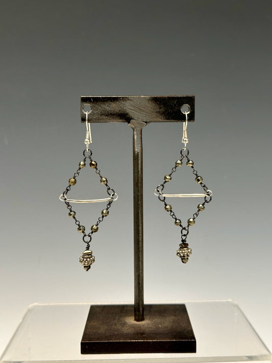 PYRITE CHAIN AND SILVER DROP EARRINGS  LCE498