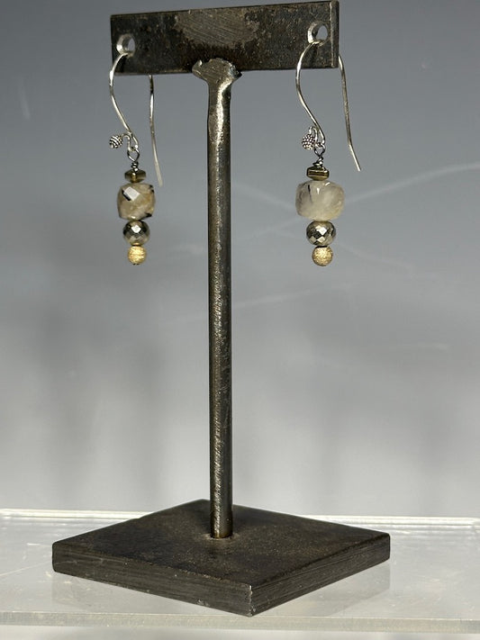 TERMILATED QUARTZ AND PYRITE DROP EARRINGS LCE629